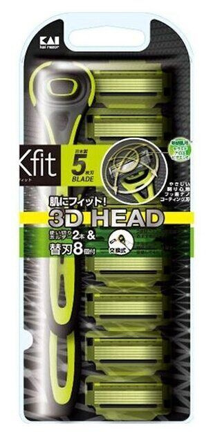 KAI Япония Мужской бритвенный станок X-fit с плавающей 3D головкой и 5 лезвиями, 2 станка, 8 сменных #1