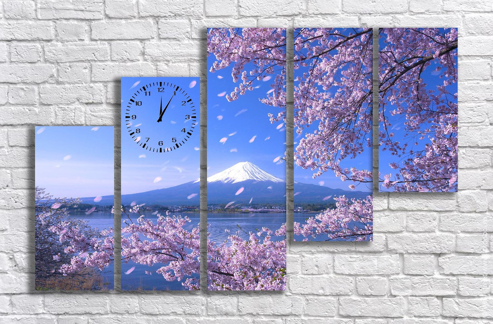 Модульная картина с часами / Фудзияма и сакура / 140х80 см. #1