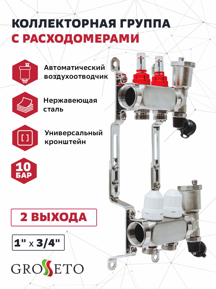 Коллектор. группа с расходомерами 1"x3/4" 2 вых. Grosseto нержавейка 10 бар  #1