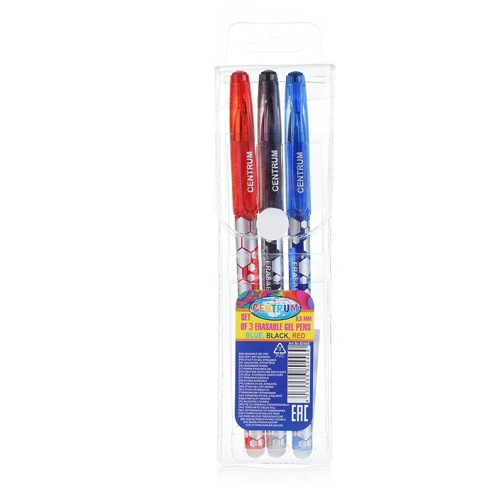 Гелевые ручки Centrum 3 шт, красная, черная, синяя, стираемые чернила 0,5 мм (80446)  #1