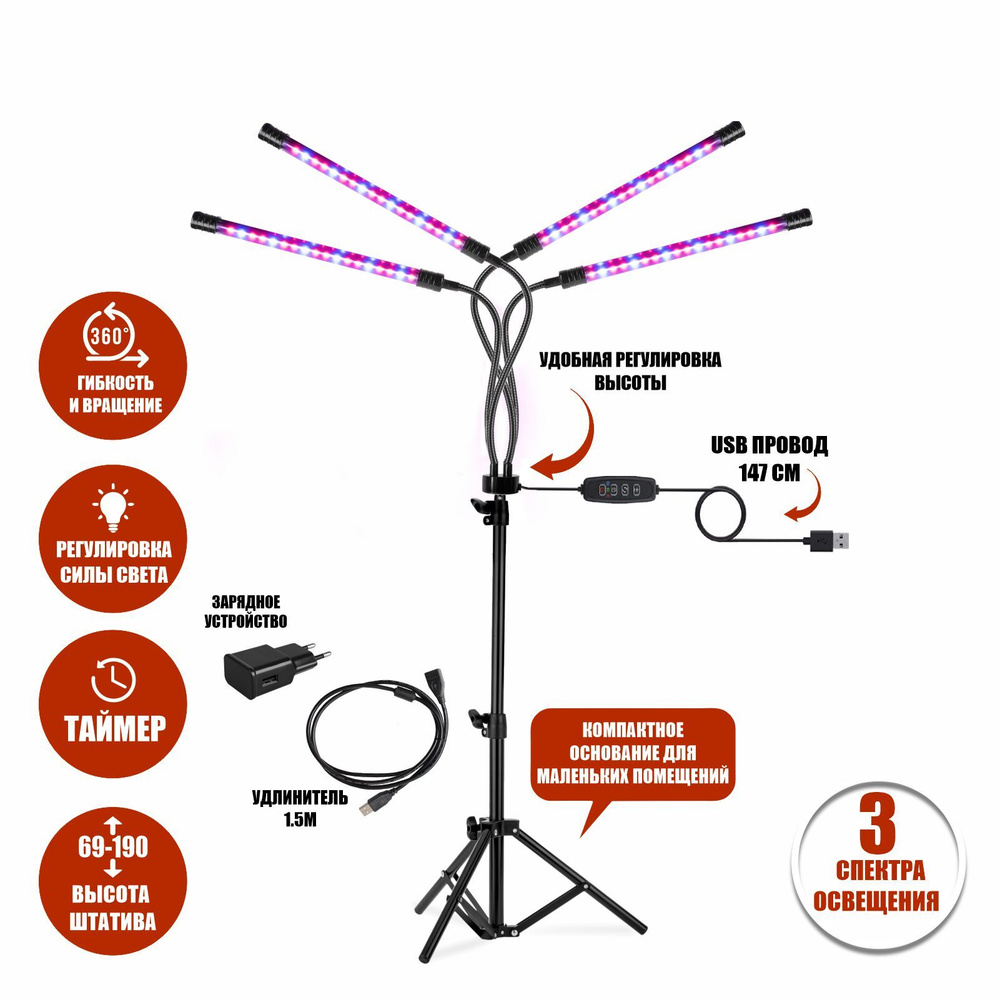 Фитолампа светодиодная, светильник для растений 4 панели на штативе FL-JBH-P15 с пультом на проводе и #1