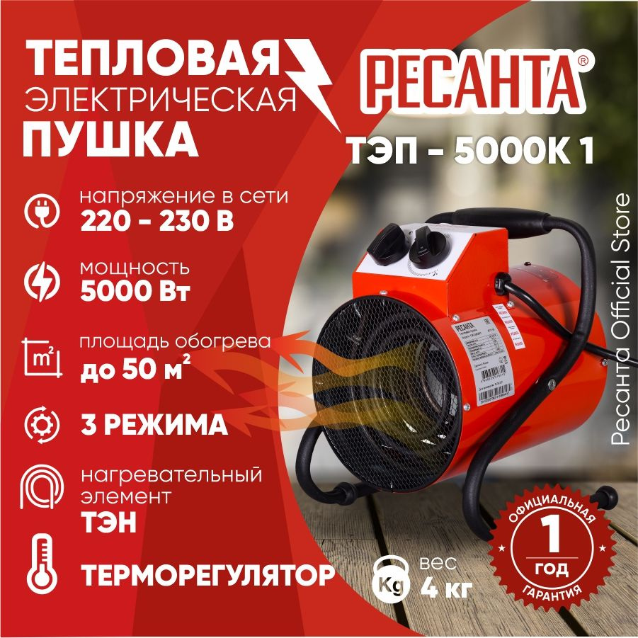 Тепловая электрическая пушка ТЭП-5000К1 круглая Ресанта / 5000 Вт, от 220В  #1