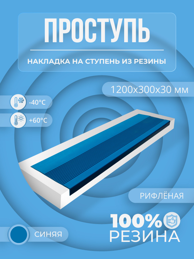 Накладка на ступень резиновая противоскользящая (Проступь) Удлиненная рифленая 1200x300x30 / цвет Синий #1