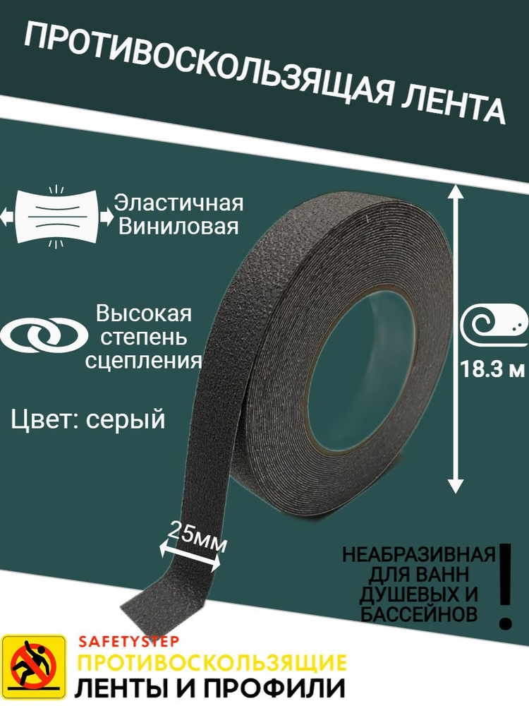 Противоскользящая лента Anti Slip Tape, неабразивная, полимерная, размер 25мм х 18.3м, цвет серый, SAFETYSTEP #1