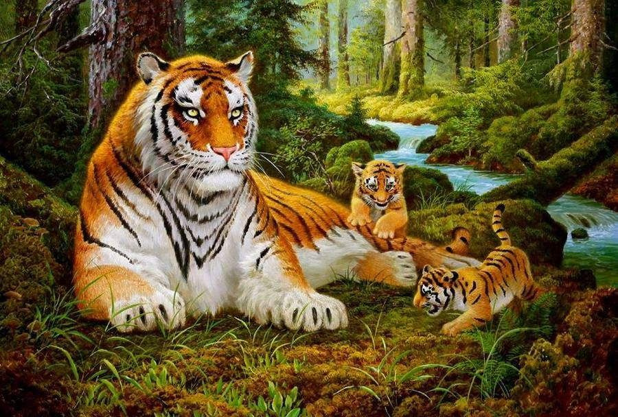 Детский набор для творчества / Алмазная мозаика 40х50 / "Семья тигров"  #1