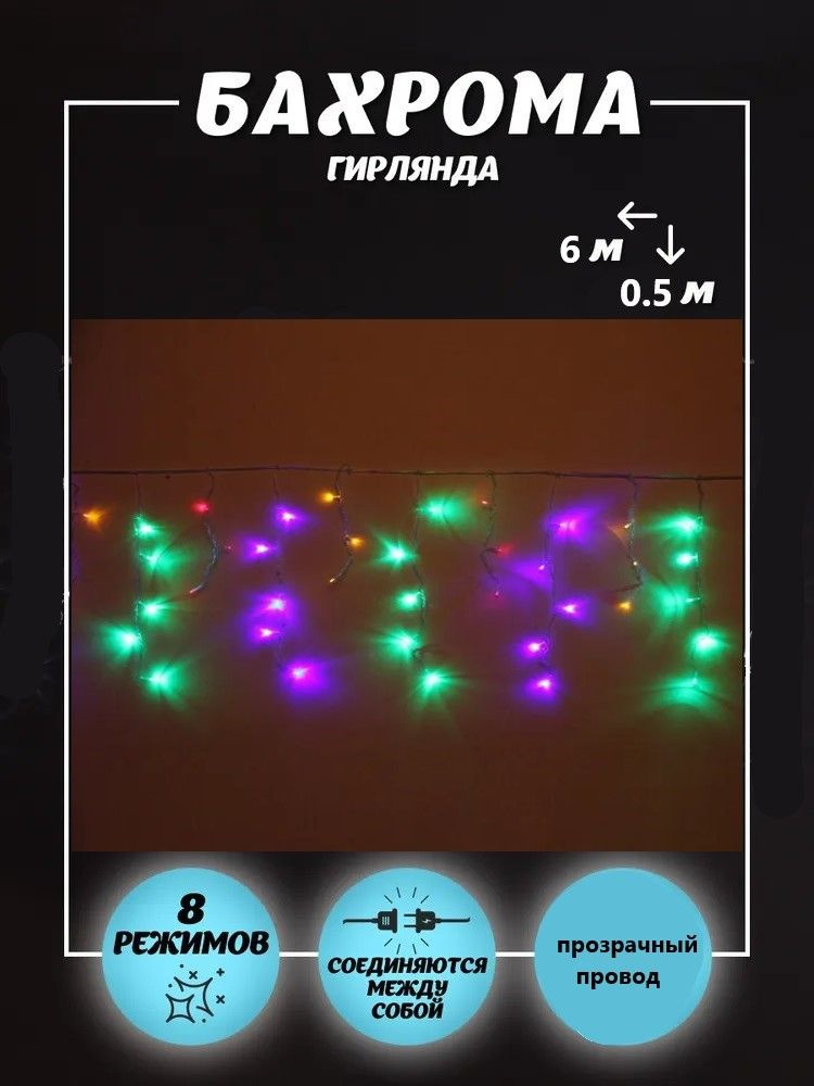 Электрогирлянда интерьерная Бахрома Серпантин Светодиодная, 6 м, питание От сети 220В цвет цветной  #1