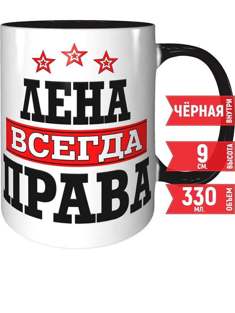 Кружка Лена всегда права - чёрного цвета внутри. #1