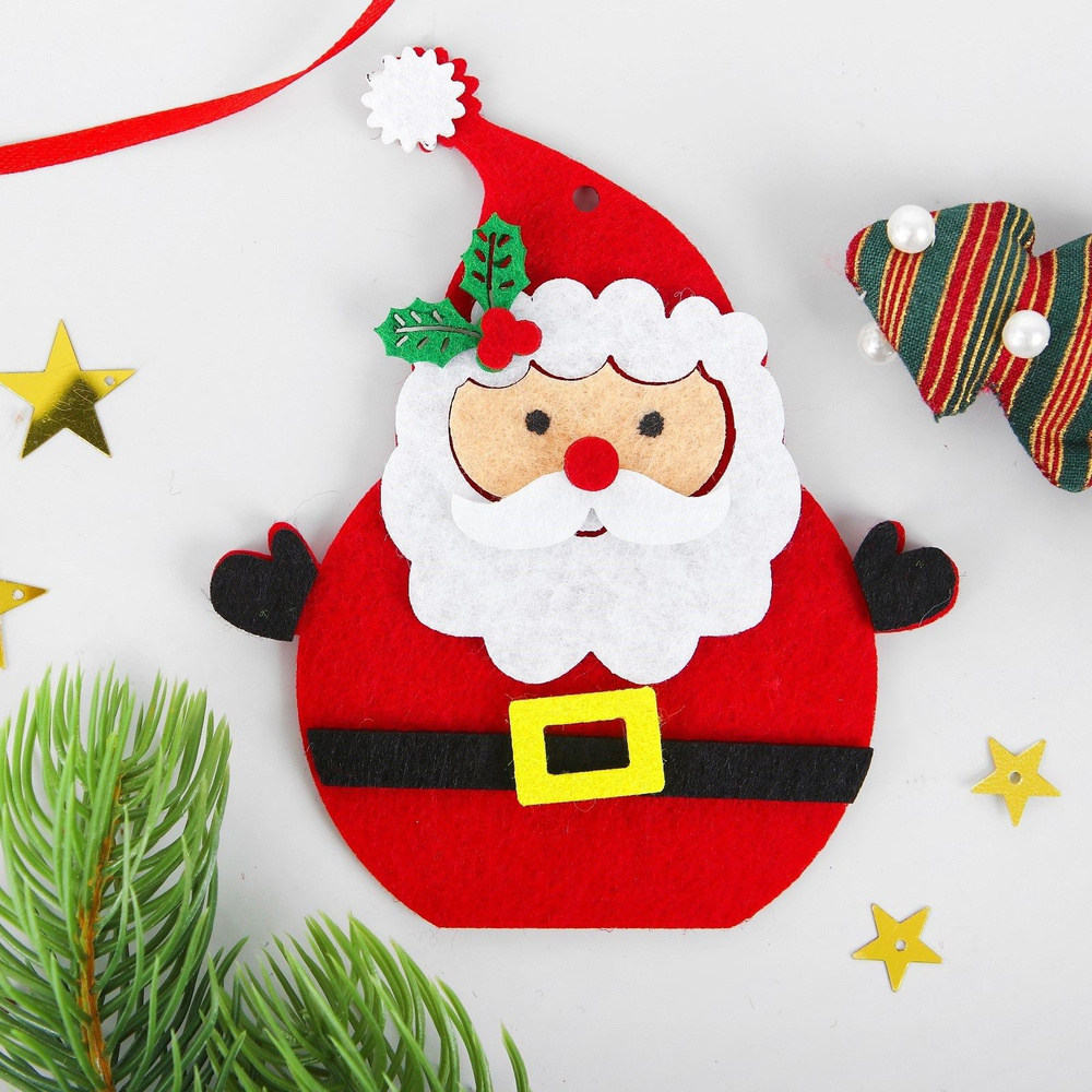 Набор для творчества - создай ёлочное украшение из фетра Дед Мороз красный нос 10*11,5 см  #1