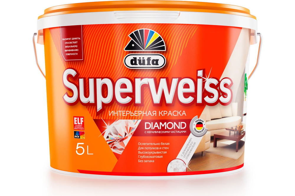 Краска для стен и потолков водно-дисперсионная Dufa Superweiss RD4 глубокоматовая белая 5 л.  #1