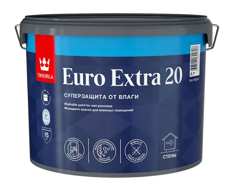 Краска интерьерная Tikkurila EURO EXTRA Тиккурила, моющаяся, для влажных помещений 20 (База A), белая #1