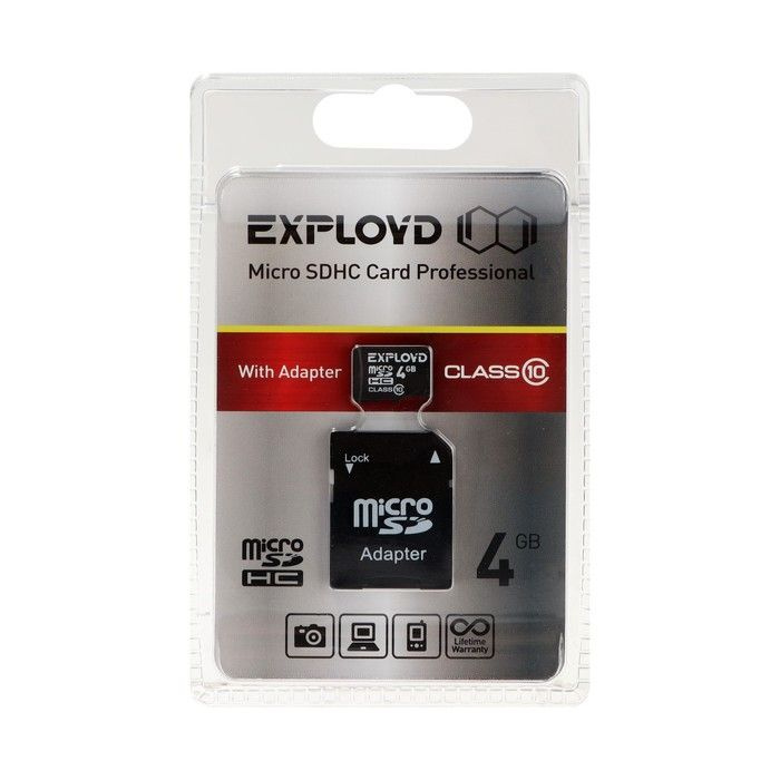 Карта памяти Exployd MicroSD, 4 Гб, SDHC, класс 10, с адаптером SD #1