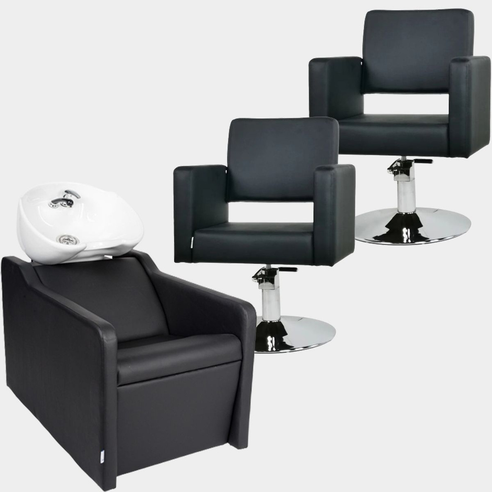 Парикмахерский комплект "Groy", Черный, 2 кресла гидравлика диск, 1 мойка глубокая белая раковина  #1
