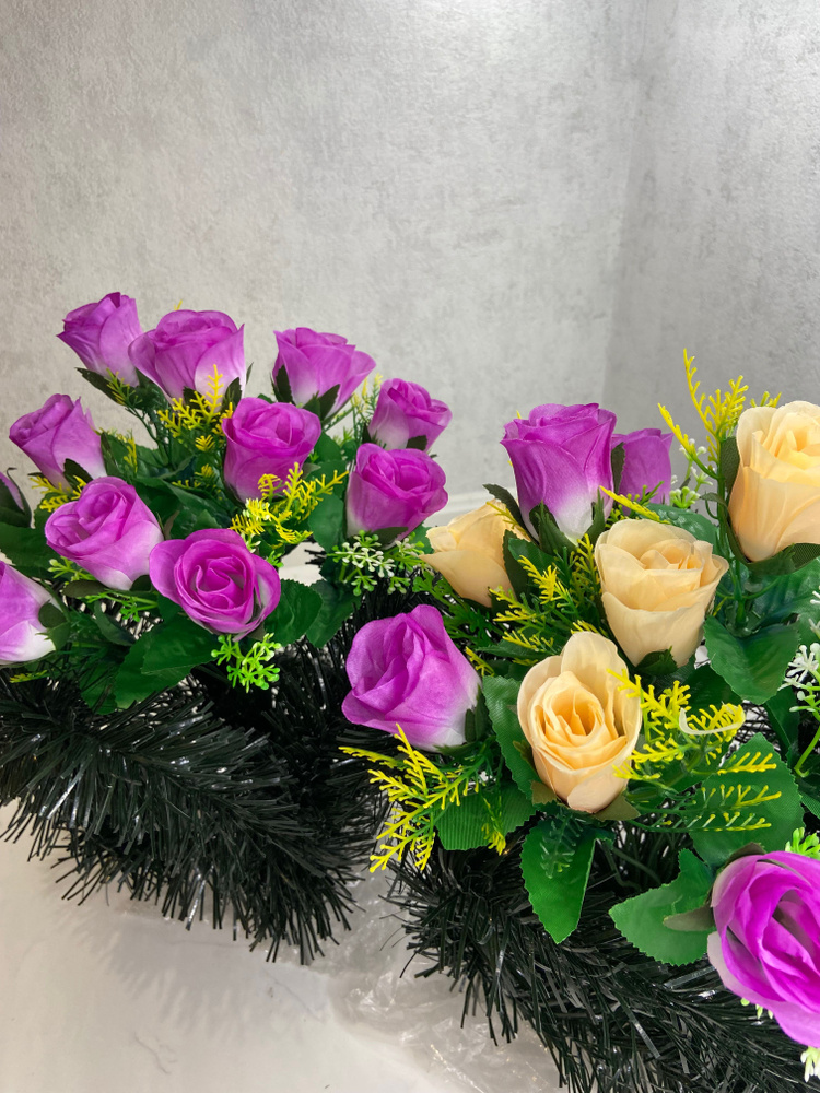 Набор корзин ритуальных из искусcтвенных цветов "Роза Сиреневая и Беж"/ Цветы искусственные для кладбища/ #1