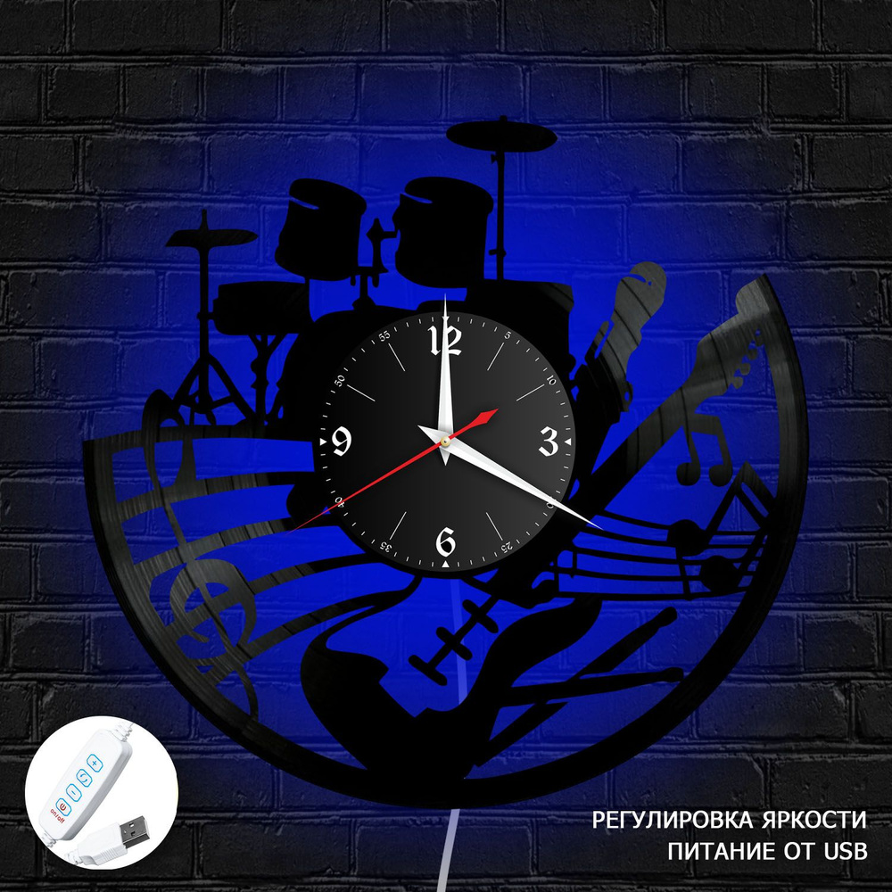 Настенные часы RedLaser "Музыка из винила с синей подсветкой, №5", 30 см  #1