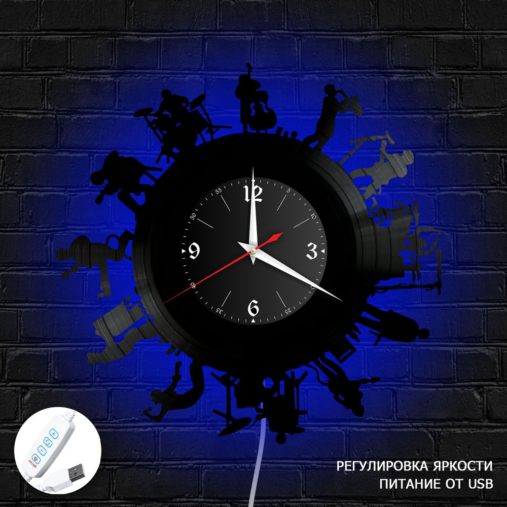 Настенные часы RedLaser "Музыка из винила с синей подсветкой, №27", 30 см  #1