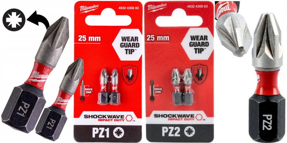 PZ1(2шт)+PZ2(2шт) 25мм. Набор бит для шуруповёрта ударных Shockwave MILWAUKEE  #1