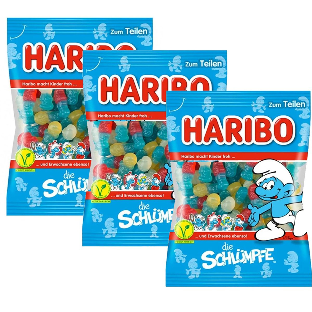 Мармелад жевательный Haribo Schlumpfe Vegan 3шт по 175гр/Мармелад Харибо "Смурфики" вегетарианский продукт #1