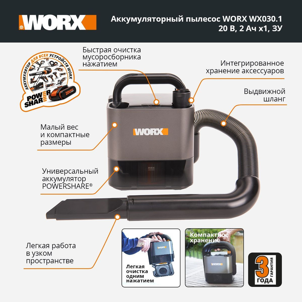 Аккумуляторный пылесос Worx Cubevac WX030 20В, АКБ 2Ач + ЗУ 2А #1