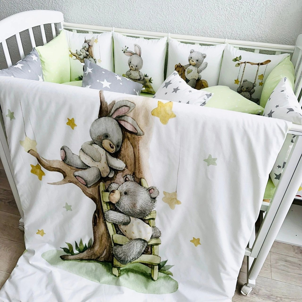 Комплект в кроватку ТМ/551-2 зеленый,звезды на сером,мишки зайки на лошадке и дереве  #1