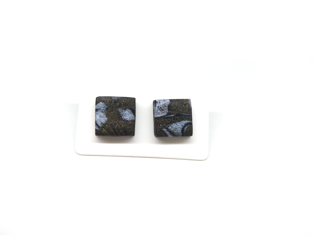 Легкие Серьги квадраты пусеты с бронзово-серым узором бижутерия гвоздики, ширина 1 см  #1