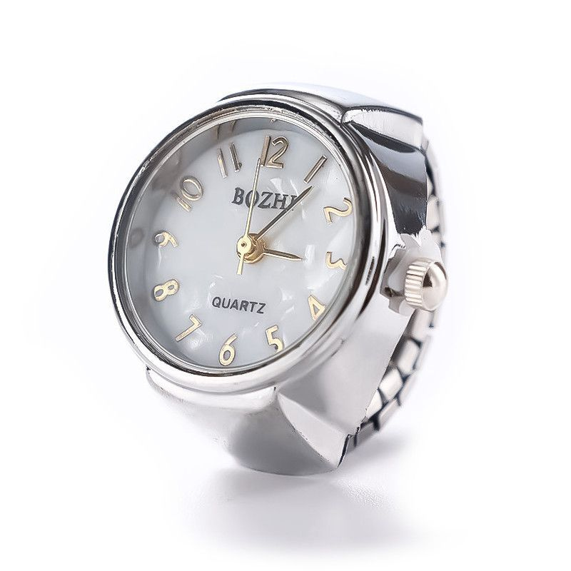 Серебристые часы-кольцо с белым циферблатом в классическом стиле  #1