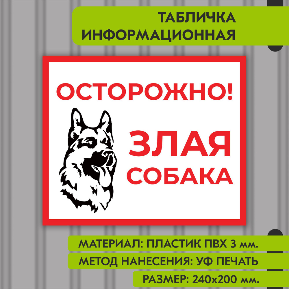 Информационная табличка "Осторожно, злая собака", 240х200 мм. УФ печать не выгорает  #1