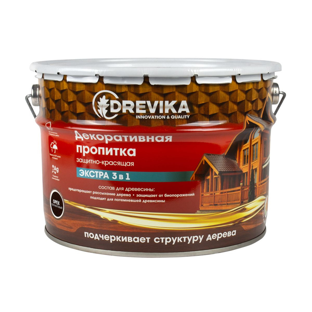 Декоративная пропитка для дерева Drevika Экстра 3 в 1, полуматовая, 9 л, орех  #1