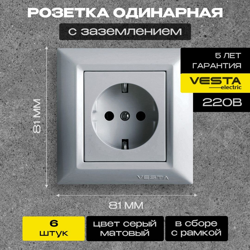 Розетка одинарная с заземлением серебристая Vesta-Electric Roma Silver - 6 шт  #1