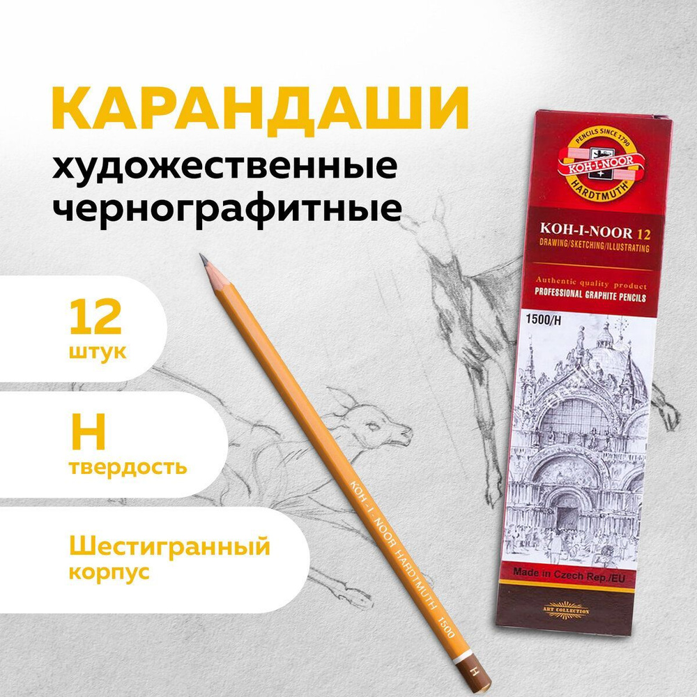 Карандаши простые чернографитные H Koh-i-noor 1500, Комплект 12 штук, корпус желтый  #1