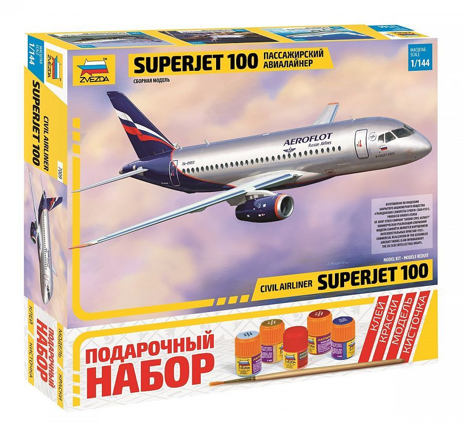 Сборная модель Пассажирский авиалайнер Superjet 100,подарочный набор, 1/144, ZV-7009П  #1