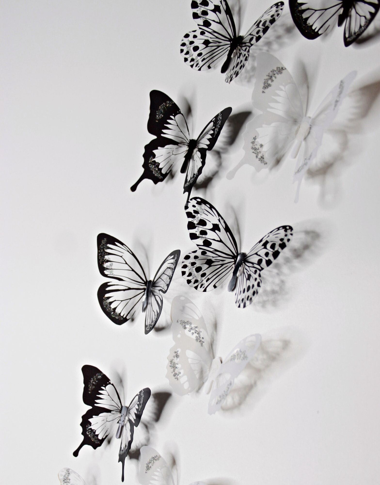 Бабочки черно-белые 3D наклейки для интерьера. Декоративное украшение для детской комнаты и кухни на #1