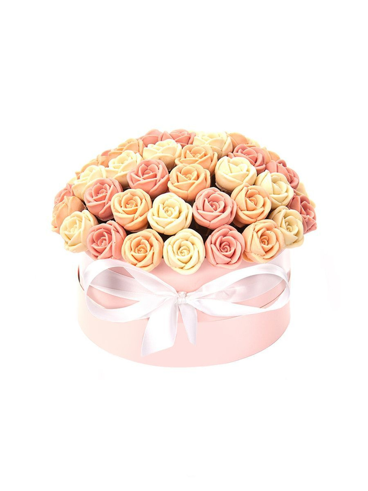 Шоколадные розы - 51 шт. CHOCO STORY в розовой шляпной коробке - Белый, Оранжевый и Розовый бельгийский #1