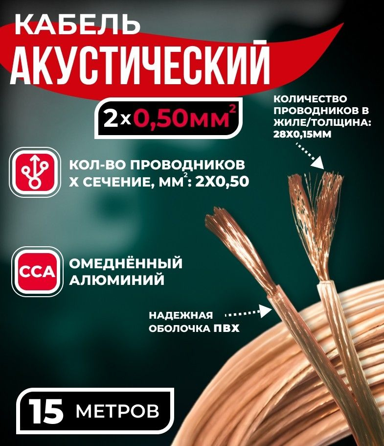 Кабель акустический 2x0.50мм2 (28x0.15мм), CCA, прозрачный, Technolink, 15 метров  #1