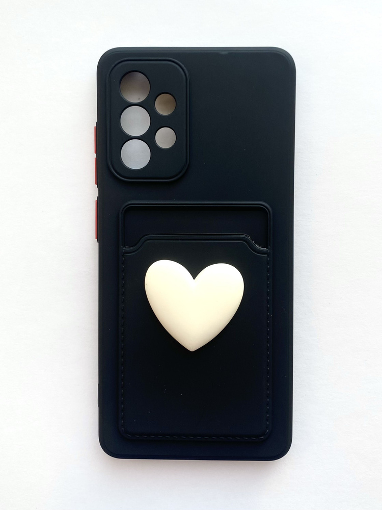 Чехол для Samsung A53 Черный с бежевым сердцем Soft-touch и с держателем для карт  #1