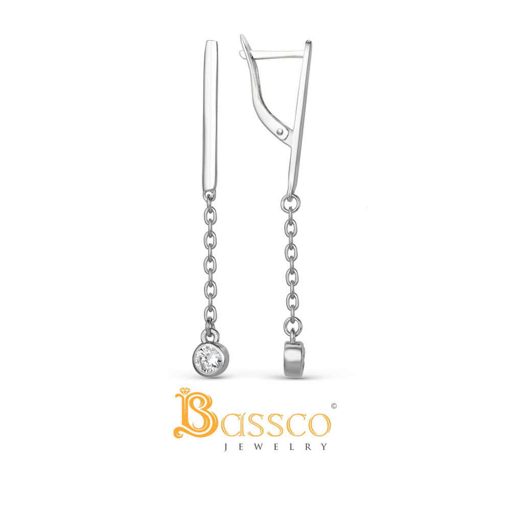 BASSCO, Женские серебряные серьги, с подвеской на цепочке, фианит ...