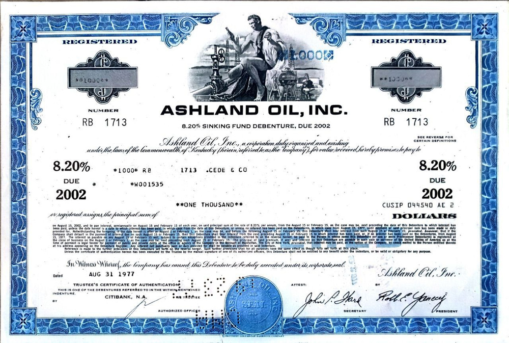 Нефтяная компания "Ashland Oil, inc". Ценная бумага номиналом в 1000 долларов. 1977 г.  #1