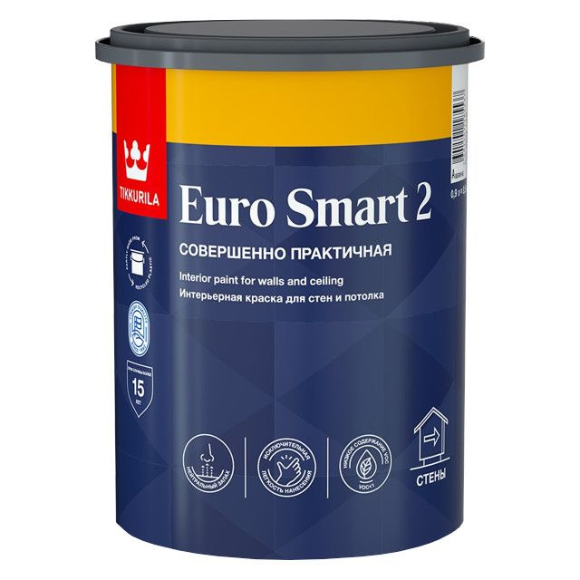 краска акриловая TIKKURILA Euro Smart 2 база A для стен и потолков 0,9л белая, арт.700009614  #1