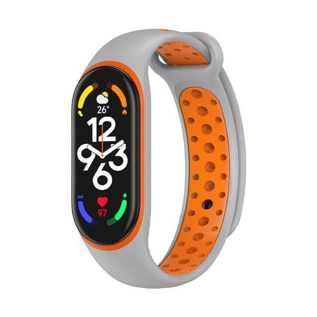 Силиконовый ремешок для фитнес браслета Xiaomi Mi Band 5/6 и Mi Band 7 , серый с оранжевыми отверстиями #1