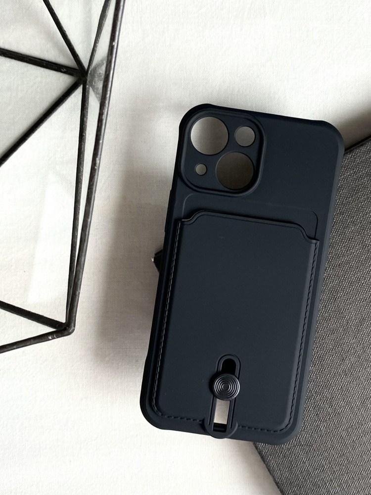 Чехол для iPhone 13 mini Черный с подачей держателем для карт и Soft-touch  #1