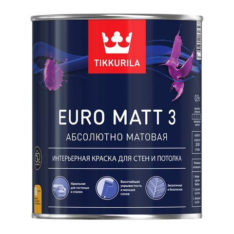 Краска Tikkurila Euro Matt 3 для стен и потолков, база A, белая матовая, 0,9л  #1