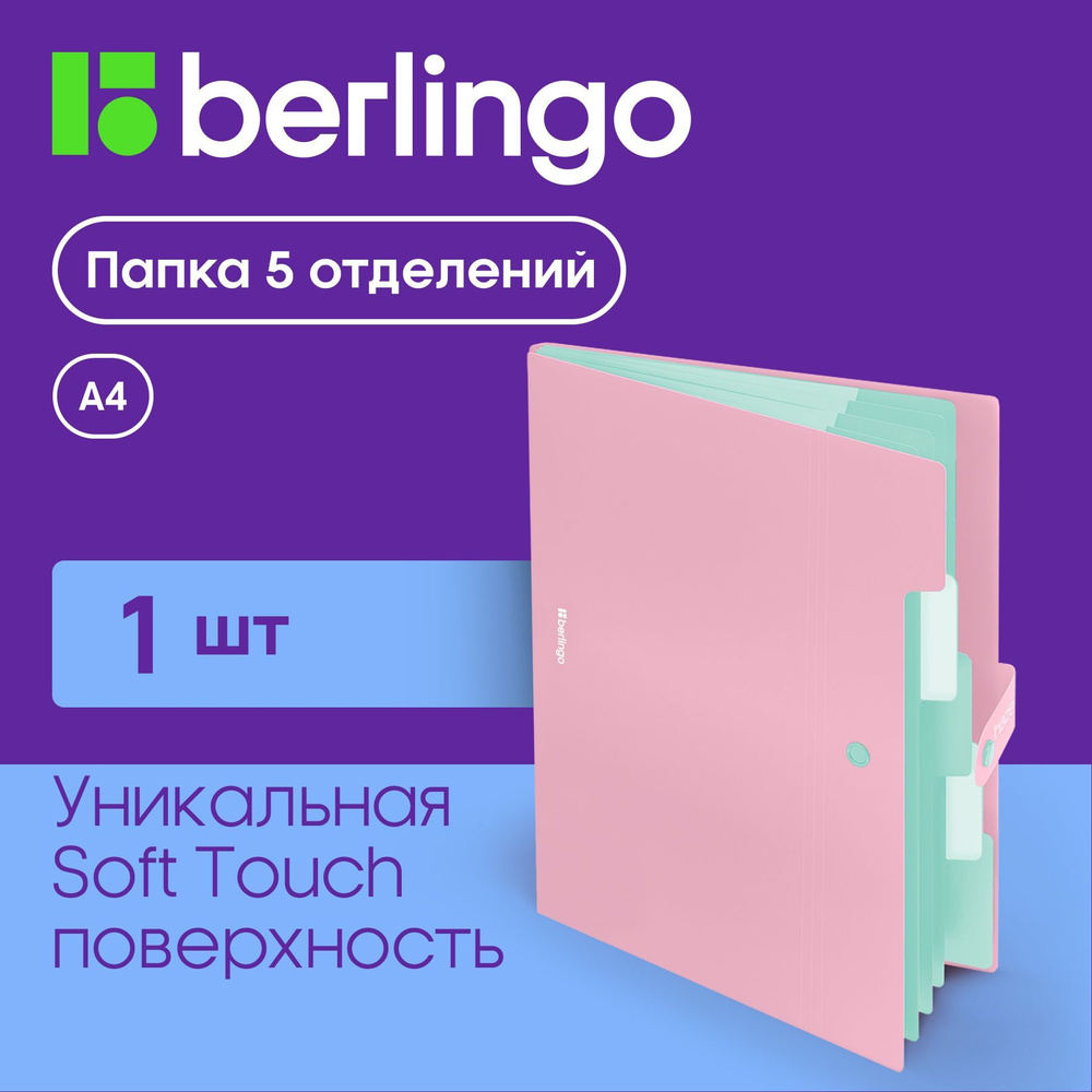 Папка 5 отделений Berlingo "Haze", А4, 600мкм, на кнопке, розовая, софт-тач  #1
