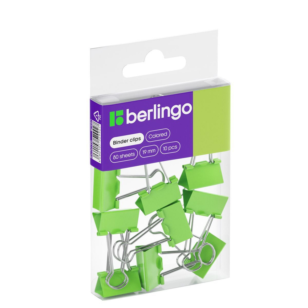 Зажимы для бумаг 19мм, Berlingo, 10шт., цветные, ПВХ упак., европодвес, зеленые  #1