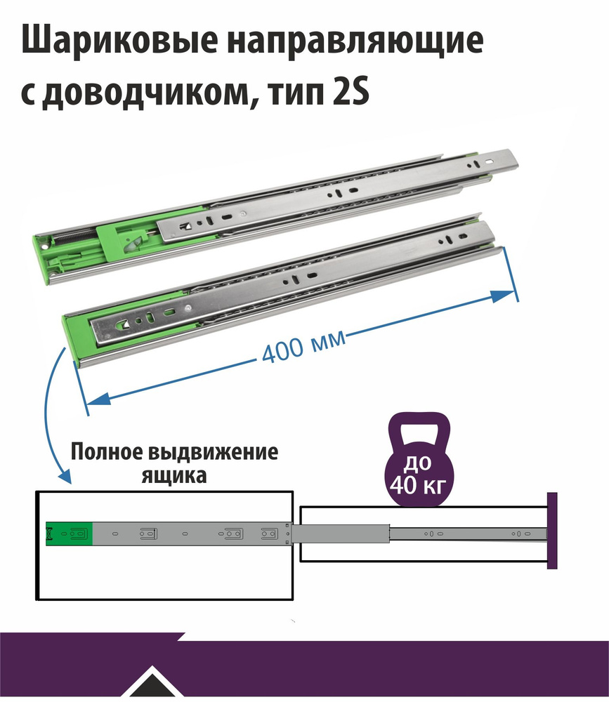 Направляющие полного выдвижения с доводчиком, Тип 2S, 400 мм  #1