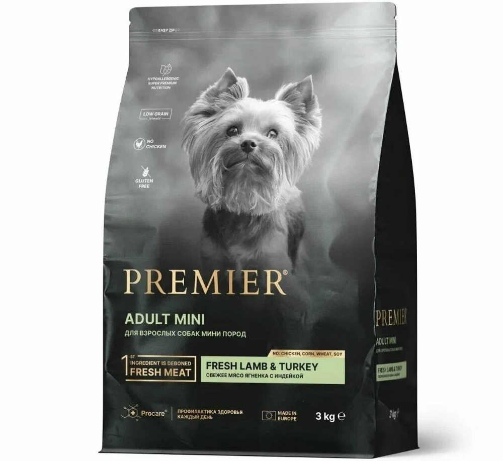 Сухой корм для собак Premier Dog Lamb&Turkey ADULT Mini (Свежее мясо ягненка  с индейкой для собак мелких пород) 3 кг. - купить с доставкой по выгодным  ценам в интернет-магазине OZON (1295292646)