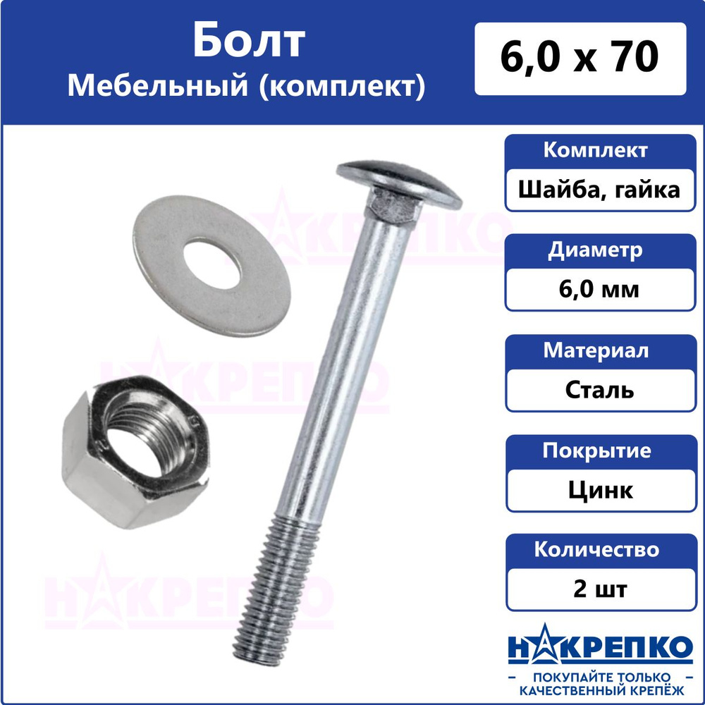 Накрепко Болт M6 x 6 x 70 мм, головка: Полукруглая, 2 шт. 100 г #1
