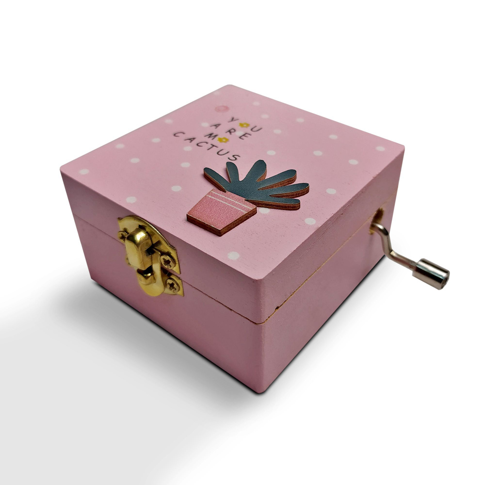 Музыкальная деревянная шкатулка-шарманка Кактус розовая  #1