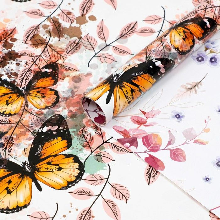 Бумага упаковочная глянцевая двустороняя "Бабочки", 70х100 см, 2 листа  #1