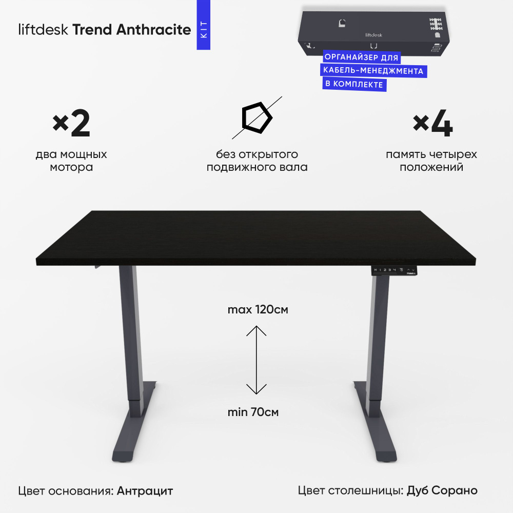 Компьютерный стол регулируемый по высоте для работы стоя сидя 2-х моторный liftdesk Trend Антрацит/Дуб #1