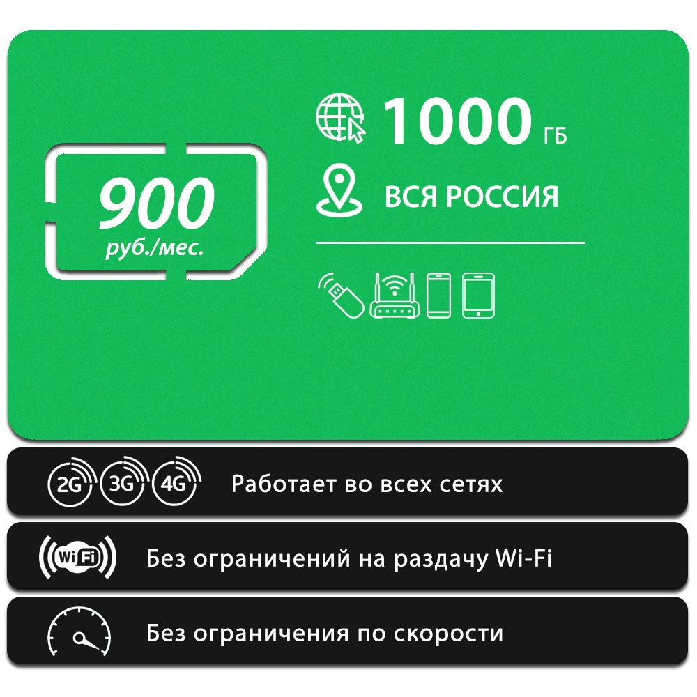 SIM-карта Безлимитный интернет - 1000 Гб за 1100 руб./мес. 4G, LTE для смартфона, планшета, модема и #1