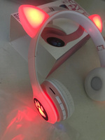 Наушники беспроводные, с ушками, Bluetooth, светящиеся детские, розовые, встроенный микрофон #69, Елена